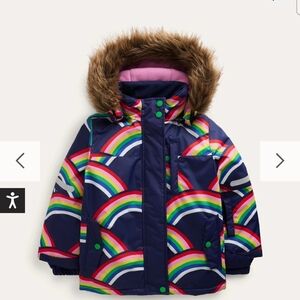 Colorful Rainbow Patterned Jacket with Faux Fur Hood